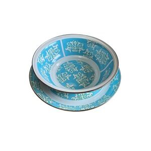 Golden Rabbit Enamelware Large Bowl and Platter Set Turquoise Blue Damask